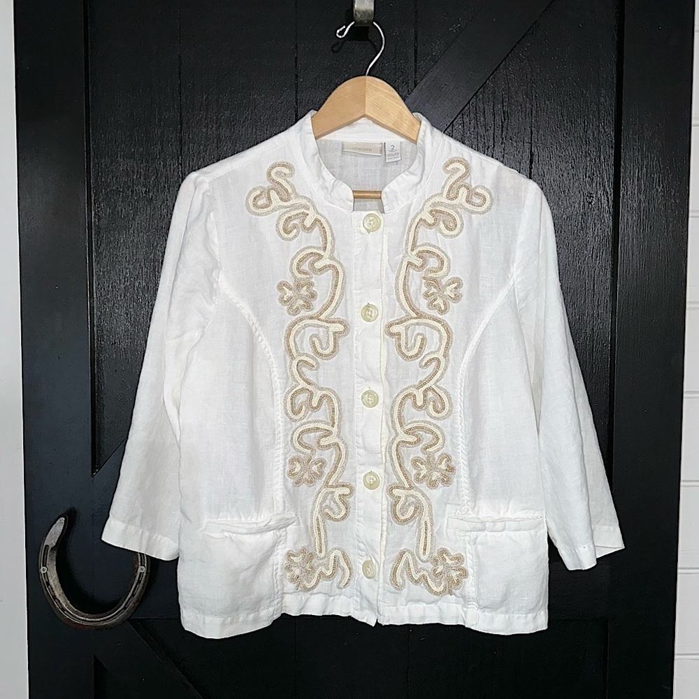 Chico’s 100% Linen Lightweight Boho Beaded Blazer Button Front Jacket Size 2 (L)